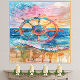 Watercolor Painting of Colorful Nautical Ship Wheel over Ocean Waves with Sunset Sky in Shades of Blue Coral and Golden Yellow on Ready to Hang 1.5" Thick Canvas Wrap, Floating Framed Canvas, Flat Rolled Canvas